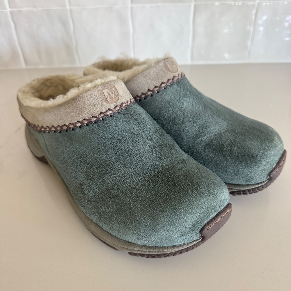 Merrell Encore Chill‎ Clogs Women 6 Smokey Gray Suede Faux Fur Lined Mules